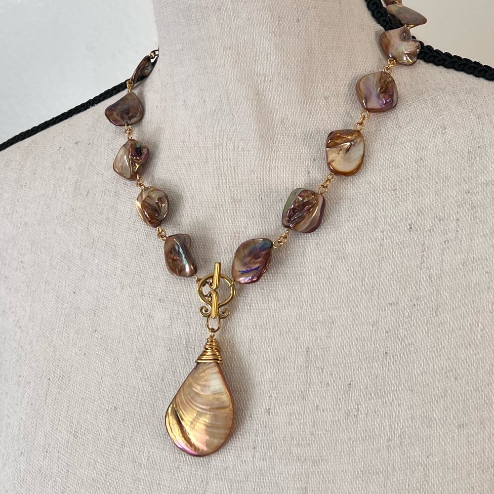Gold Aurora Borealis Mother of Pearl Nuggets Statement Necklace - Picture 5 of 5